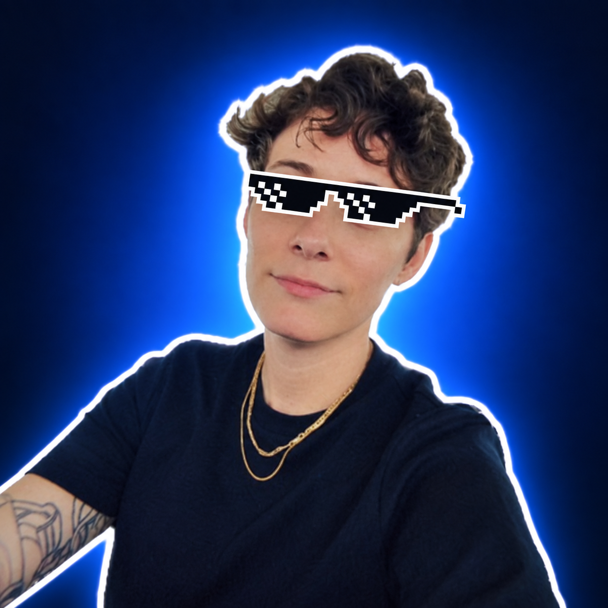Rachel noCode wearing pixel sunglasses against a blue background.