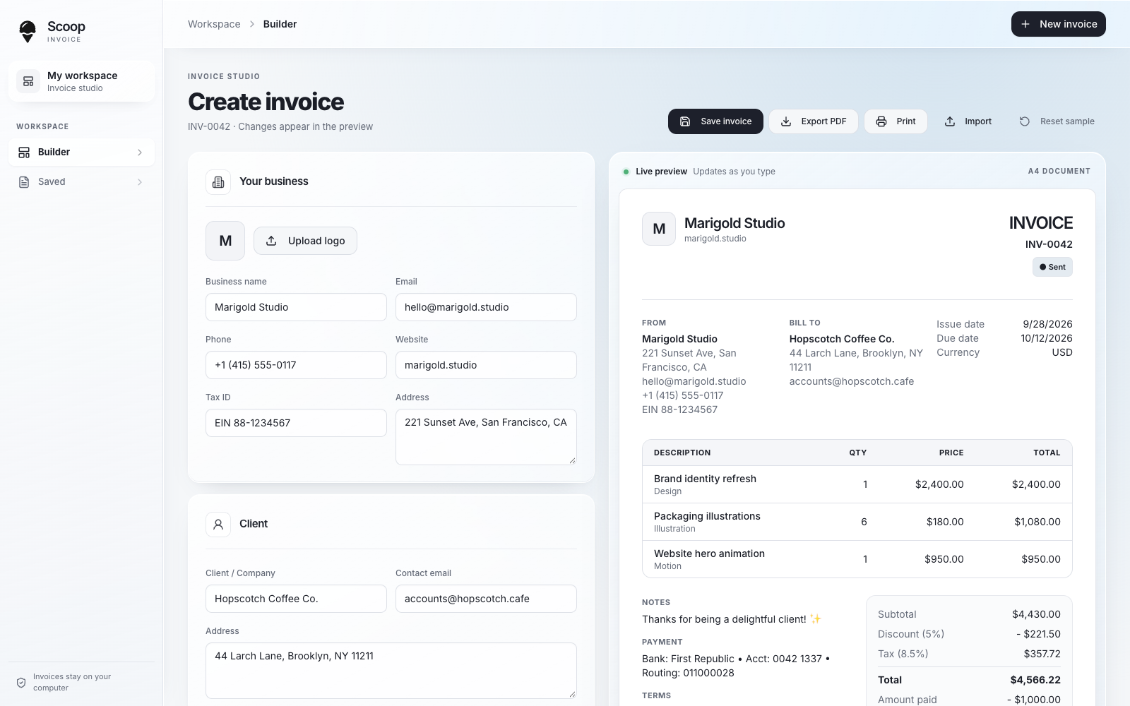 Scoop Invoice Mac workspace with editable invoice fields and a live invoice preview side by side