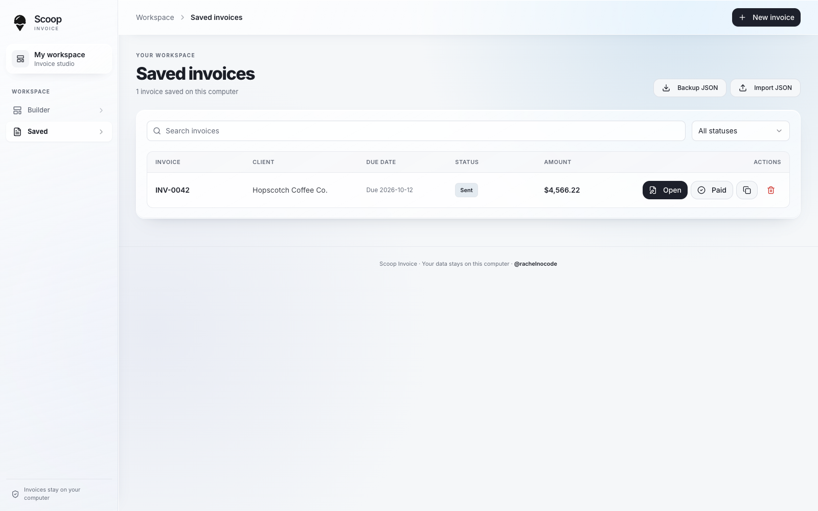 Scoop Invoice saved invoices screen showing search, status filter, and invoice actions